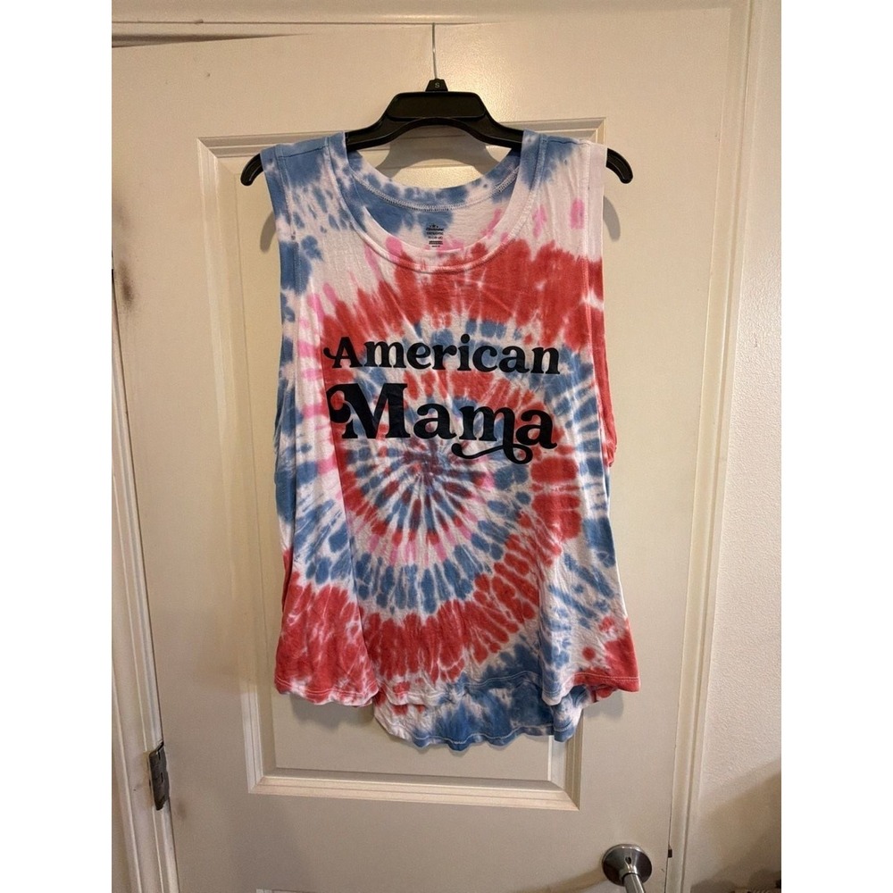 Way to Celebrate! Patriotic American Mama Red White and Blue Tie-Dye Tank Top